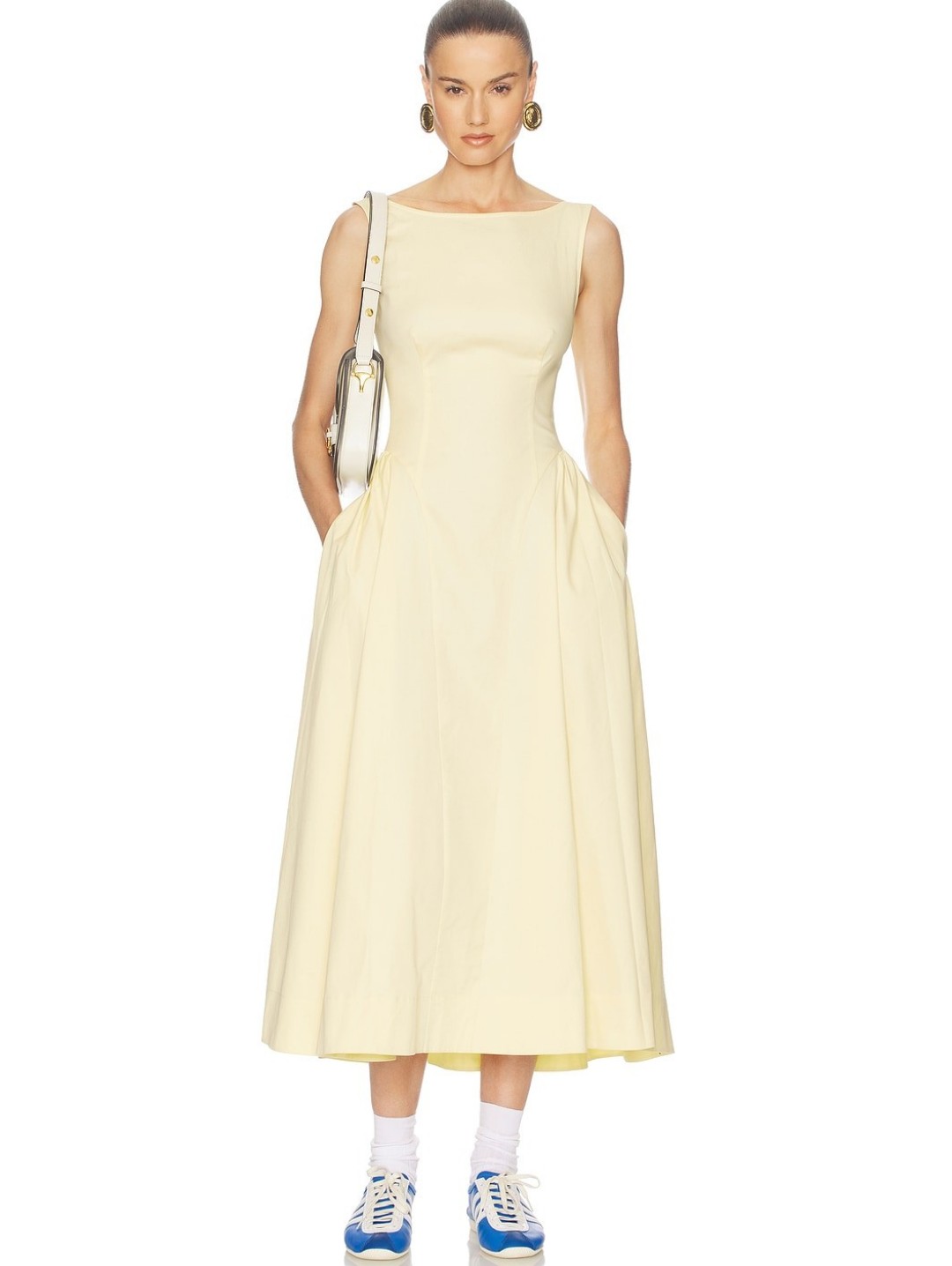 Helsa Stretch Cotton Sateen Midi Dress In Lemontini